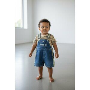 Vintage GREENDOG Blue Denim Overall Shorts With Camo T Shirt Size 18 Mo